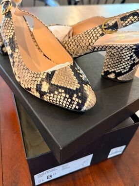 J. Crew Snake-Print Slingback Block Heel Pumps in Beige and Black